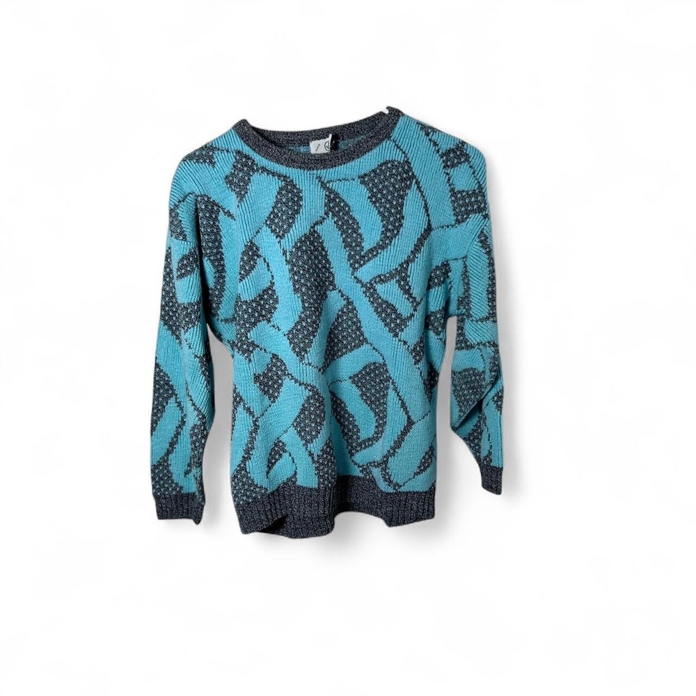 vintage 80s 90s blue and black abstract patterned sweater with a boho vibe